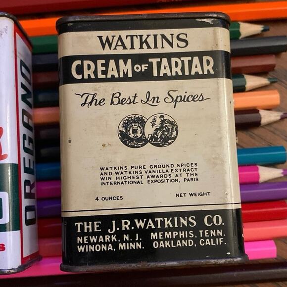 Vintage Spice Tins Lot of 2 Watkins Cream of Tartar Durkee’s Oregano FAIR USED - Picture 3 of 8